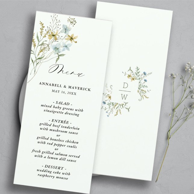 Menu Pale Green Delicate Fleur sauvage moderne Boho Mar (Front & Back)