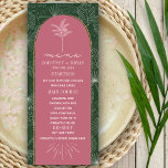 Menu Palm Tree Rose & Green Beach Mariage<br><div class="desc">Feuilles de palmiers blancs tirant motif sur arrière - plan vert. Texte blanc et palmier tirant sur l'arrière - plan d'arche rose surligné de jaune doré.</div>