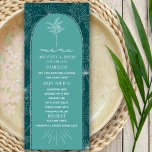 Menu Palm Tree Turquoise Beach Wedding<br><div class="desc">Illustration d'art en ligne blanche de palmier feuille motif sur turquoise vert arrière - plan avec texte blanc et conception de palmiers sur arche turquoise avec bordure bronzée.</div>