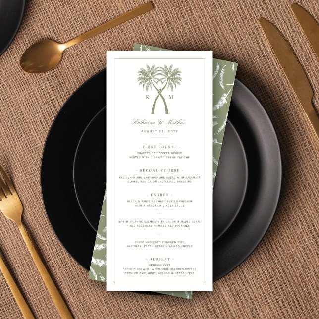 Menu Palmiers noués Classique moderne Mariage tropical (Knotted Palm Trees Monogram Tropical Destination Wedding Menu Card @ fatfatin_blue_knot)