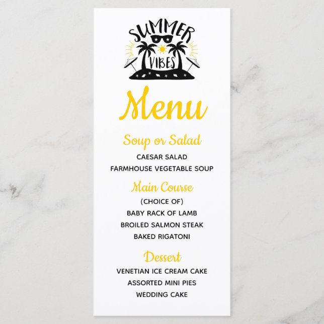 Menu Palmiers Tropicaux Plage Jaune Mariage d'Été (Devant)