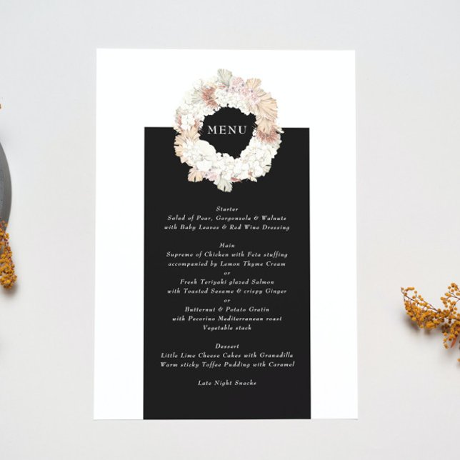 Menu Pampas Wreath Moderne Blanc Élégant Monogramme Sim (Créateur téléchargé)
