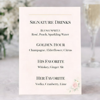 Menu Pancarte de mariage pour boissons signatures Blush