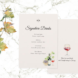 Menu Panneau de mariage avec boissons signatures Élégan