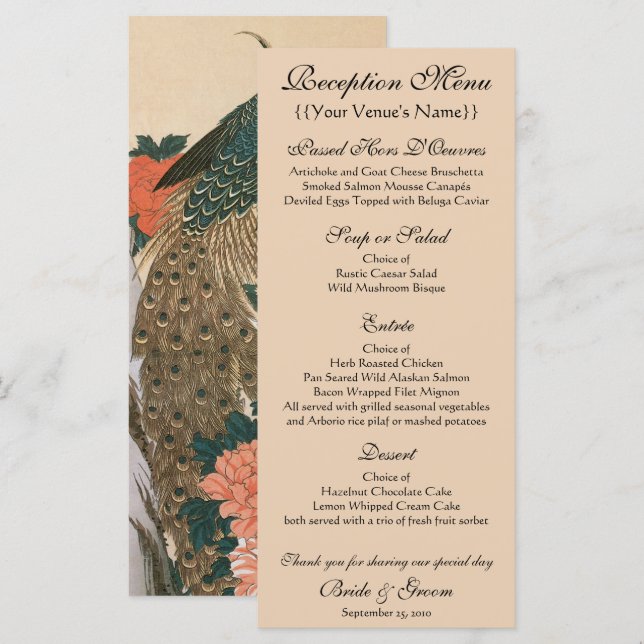 Menu Paon et pivoines par Hiroshige Jour de mariage (Devant / Derrière)