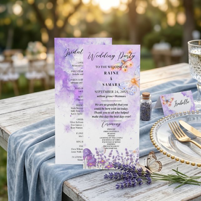 Menu Papier aquarelle Papillon Bleu Rustique Lavande Vi (Elegant Blue Butterfly Rustic Watercolor Wedding Menu)