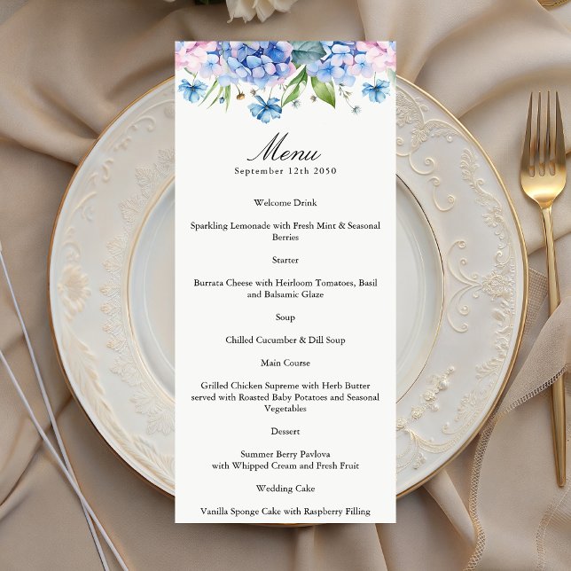 Menu papier de mariage à bordure d'hortensia bleu  (Créateur téléchargé)