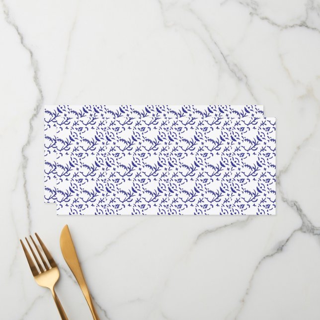Menu Papier d'emballage bleu et blanc avec un graphique (Devant/Arrière en situation)