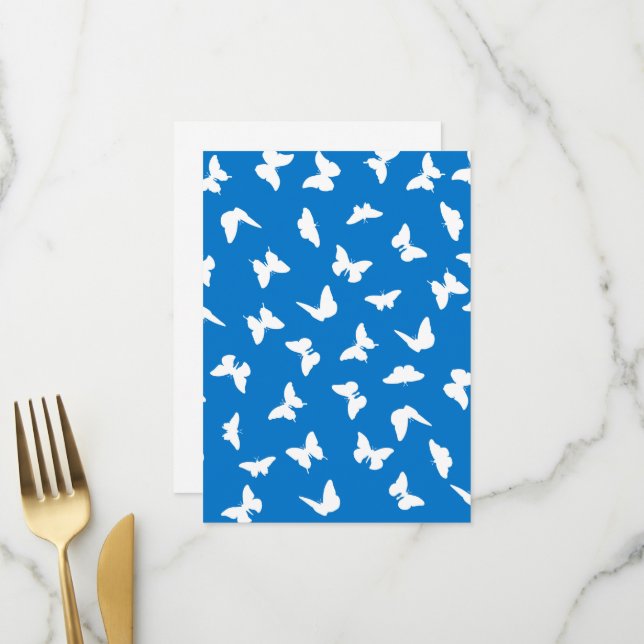 Menu Papillon blanc fond bleu motif esthétique (Devant/Arrière en situation)