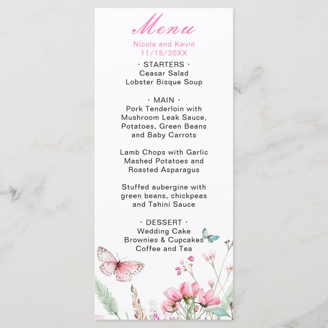 Menu Papillon Floral Rose Printemps Mariage (Devant)