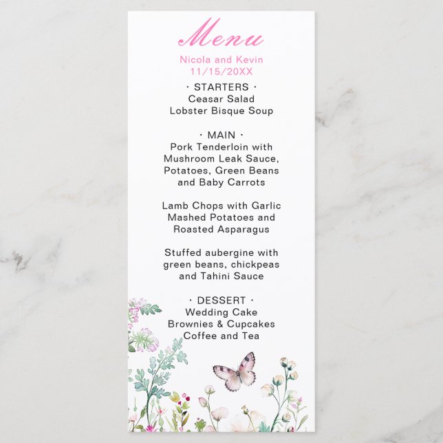 Menu Papillon Floral Vert de Printemps Mariage (Devant)