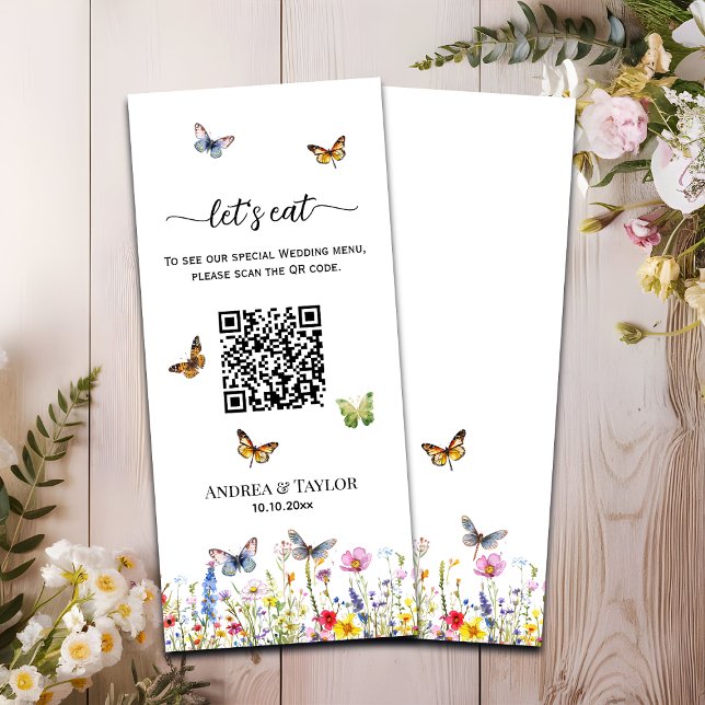 Menu Papillons fleur sauvage Élégant Mariage de code QR (Créateur téléchargé)