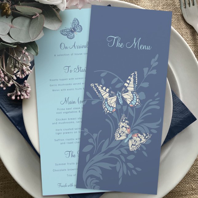 Menu Papillons graphisme encre tourbillon bleu mariage  (Créateur téléchargé)