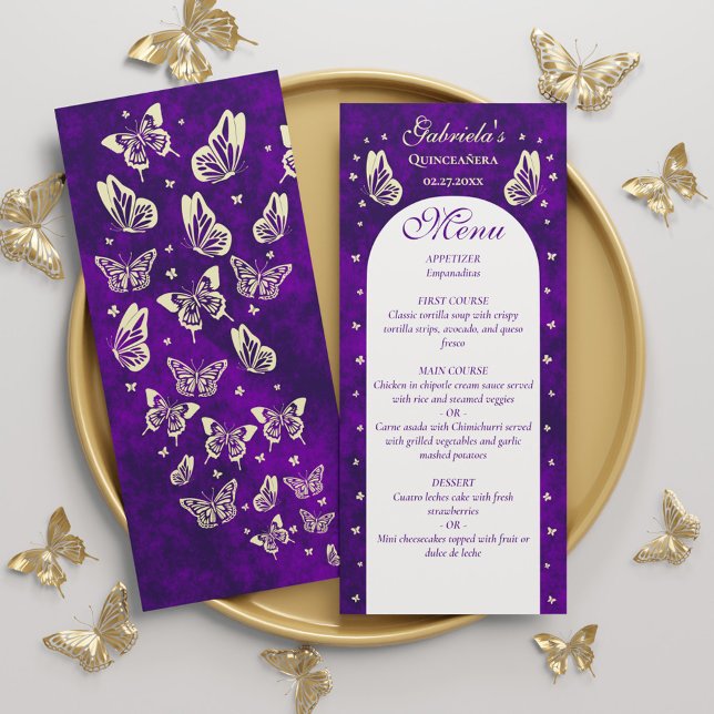 Menu Papillons pourpres en or Quinceañera 15e anniversa (Purple Gold Butterflies Quinceañera 15th Birthday Menu)