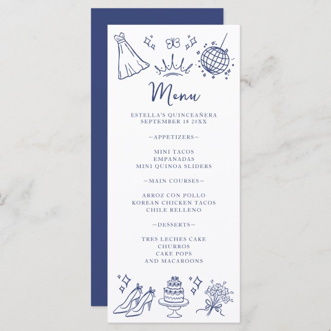 Menu Papillons Quinceanera Floral bleu moderne blanc (Devant / Derrière)