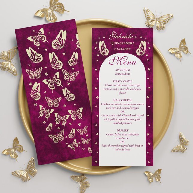 Menu Papillons rose or Quinceañera Fille Anniversaire (Pink Gold Butterflies Quinceañera Girl Birthday Menu)