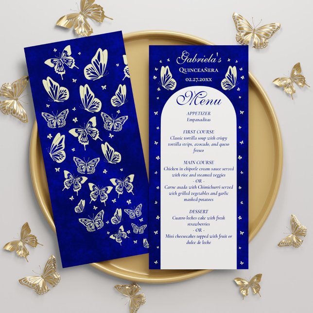 Menu Papillons Royal Blue Gold Quinceañera (Modern Royal Blue Gold Butterflies Quinceañera Menu)