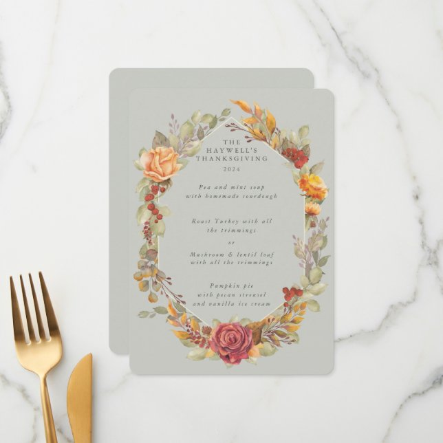 Menu Parcours 3 Plat à cadre floral Thanksgiving (Devant/Arrière en situation)