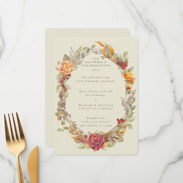 Menu Parcours 3 Plat à cadre floral Thanksgiving (Devant/Arrière en situation)