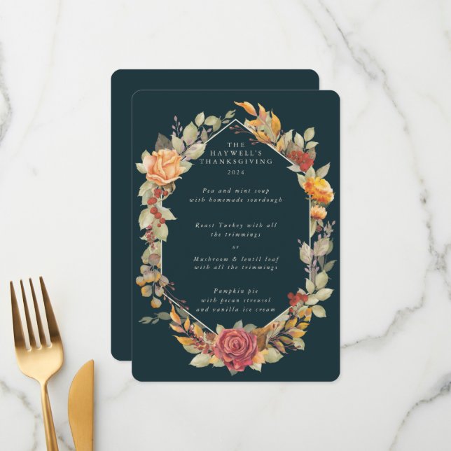 Menu Parcours 3 Plat à cadre floral Thanksgiving (Devant/Arrière en situation)