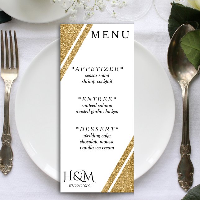 Menu Parties scintillant blanche et or Grille mariage r (White & Gold Glitter Corner Stripe Wedding Reception Menu)