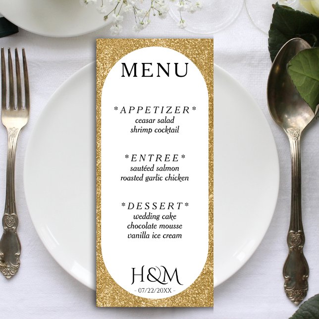 Menu Parties scintillant Blanche & Or Mariage ovale Réc (White & Gold Glitter Concave Wedding Reception Menu)