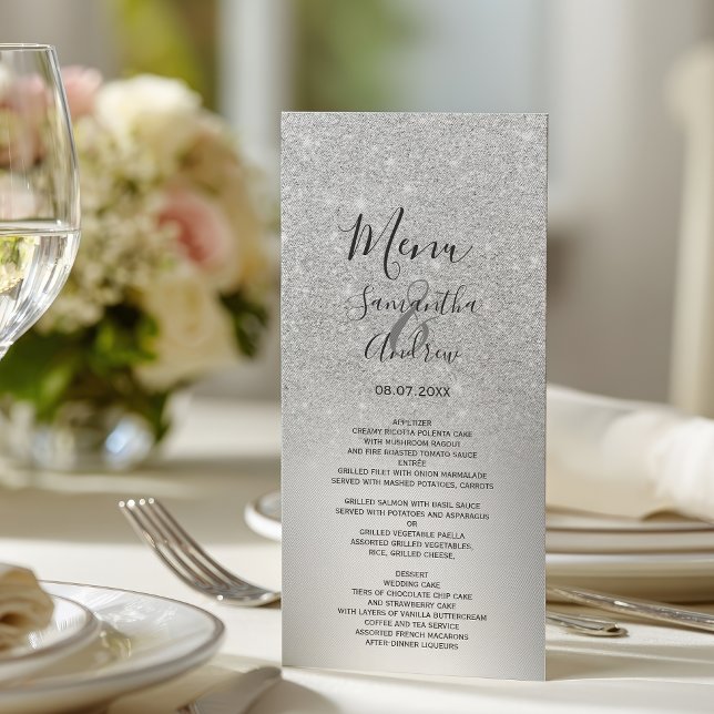 Menu Parties scintillant d'argent ombre métallique feui (Silver glitter ombre metallic foil wedding menu)