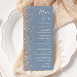 Menu Parties scintillant de pêche moderne Dusty Mariage<br><div class="desc">Le bord gauche de cet élégant menu mariage moderne présente un style de parties scintillant en imitation pêche. Le texte personnalisable combine écriture manuscrite blanche,  copperplate et polices italiques sur un arrière - plan bleu poussiéreux. L'envers est assorti d'un bleu poussiéreux et d'une parties scintillant de pêche.</div>