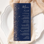 Menu Parties scintillant de pêche moderne Mariage bleu<br><div class="desc">Le bord gauche de cet élégant menu mariage moderne présente un style de parties scintillant en imitation pêche. Le texte personnalisable combine écriture manuscrite pêche,  copperplate et polices italiques sur un arrière - plan bleu marine. L'envers est assorti d'un bleu marine et d'une parties scintillant de pêche.</div>