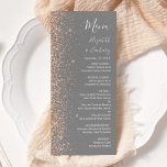 Menu Parties scintillant de pêche moderne Mariage gris<br><div class="desc">Le bord gauche de cet élégant menu mariage moderne présente un style de parties scintillant en imitation pêche. Le texte personnalisable associe écriture manuscrite blanche,  copperplate et polices italiques sur un arrière - plan gris. L'envers est assorti d'un bleu poussiéreux et d'une parties scintillant de pêche.</div>