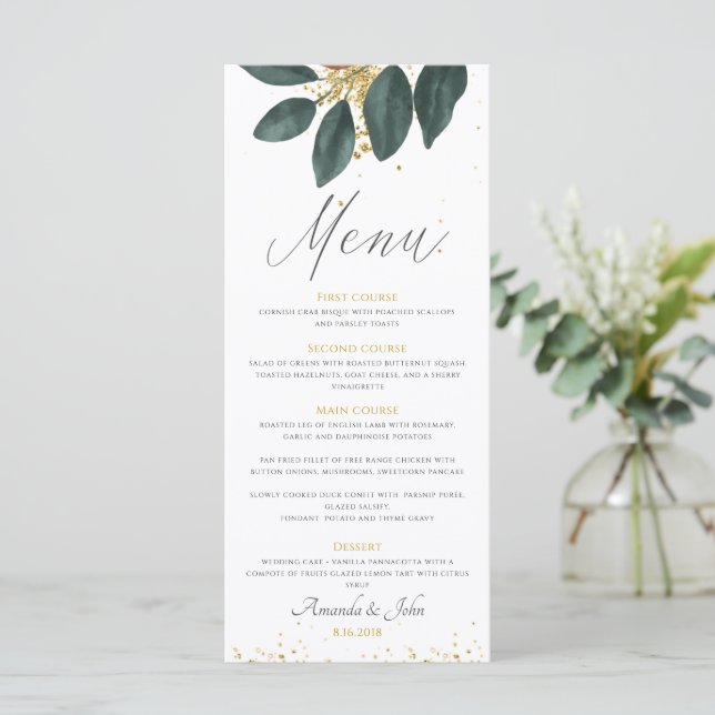 Menu Parties scintillant d'or Mariage feuille de verdur (Debout devant)