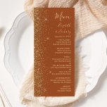 Menu Parties scintillant d'or moderne Mariage en terre<br><div class="desc">Le bord gauche de cet élégant menu mariage moderne présente un style de parties scintillant en faux or. Le texte personnalisable combine écriture manuscrite dorée,  cuivre et polices italiques sur un arrière - plan en terre cuite. L'envers est assorti d'une parties scintillant en terre cuite et en or.</div>