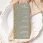 Menu Parties scintillant d'or moderne Sage Mariage vert<br><div class="desc">Le bord gauche de cet élégant menu mariage moderne présente un style de parties scintillant en faux or. Le texte personnalisable combine écriture ivoirienne,  copperplate et polices italiques sur un arrière - plan vert sage. L'envers est assorti d'une parties scintillant vert sauge et or.</div>