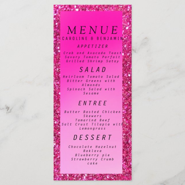 Menu parties scintillant d'or rose bleu rose script men (Devant)