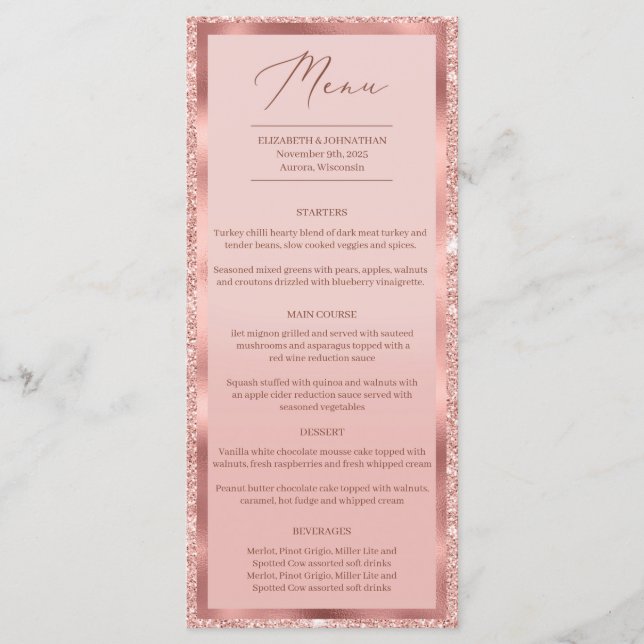 Menu parties scintillant d'or rose et feuille mariage d (Devant)