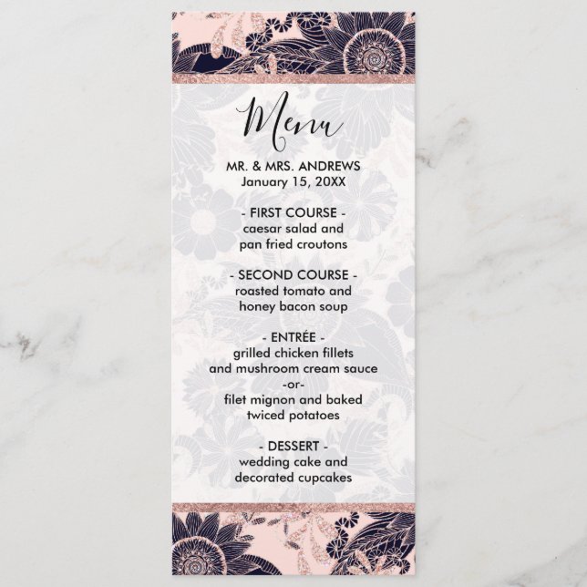 Menu Parties scintillant d'or Rose Girly Navy Illustrat (Devant)