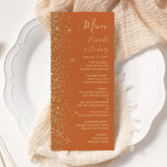 Menu Parties scintillant dorée moderne Mariage orange b<br><div class="desc">Le bord gauche de cet élégant menu mariage moderne présente un style de parties scintillant en faux or. Le texte personnalisable combine écriture manuscrite couleur or pâle,  cuivre et polices italiques sur un arrière - plan orange brûlé. L'envers affiche une parties scintillant orange et or assortie.</div>