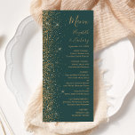 Menu Parties scintillant dorée moderne Mariage vert fon<br><div class="desc">Le bord gauche de cet élégant menu mariage moderne présente un style de parties scintillant en faux or. Le texte personnalisable combine écriture manuscrite couleur or,  cuivre et polices italiques sur un arrière - plan vert foncé. L'envers présente une parties scintillant verte et dorée assortie.</div>