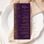 Menu Parties scintillant dorée moderne Mariage violet f<br><div class="desc">Le bord gauche de cet élégant menu mariage moderne présente un style de parties scintillant en faux or. Le texte personnalisable combine écriture manuscrite dorée,  cuivre et polices italiques sur un arrière - plan violet foncé. L'envers présente une parties scintillant violet et dorée assortie.</div>