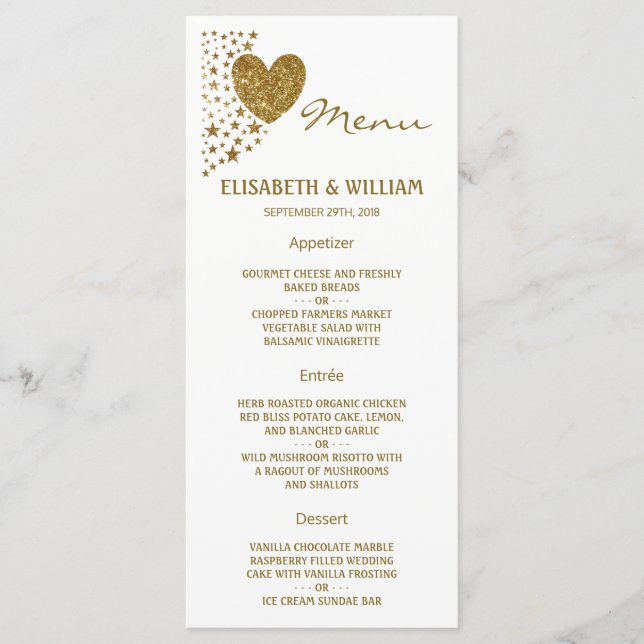 Menu Parties scintillant Gold Coeur et étoiles Mariage  (Devant)