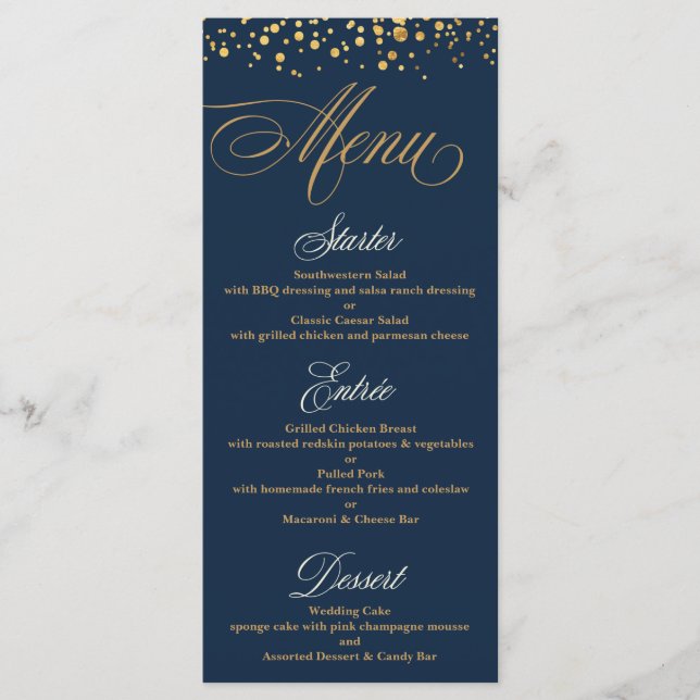 Menu Parties scintillant marine et or Confetti Mariage  (Devant)