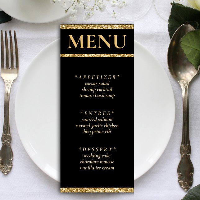 Menu Parties scintillant Noir & Or Réception de mariage (Black & Gold Glitter Wedding Reception Menu)
