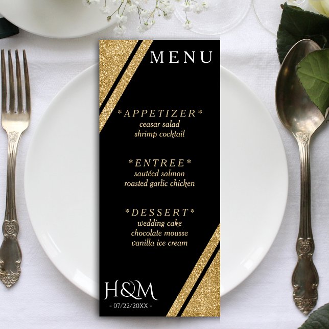 Menu Parties scintillant Noir & Or Stripe Mariage Récep (Black & Gold Glitter Stripe Wedding Reception Menu)