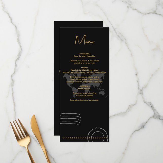 Menu Passeport de mariage de destination Monde Noir Or (Devant/Arrière en situation)