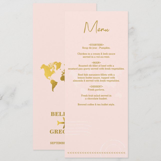 Menu Passeport Mariage Destination Monde Rose Or (Devant / Derrière)