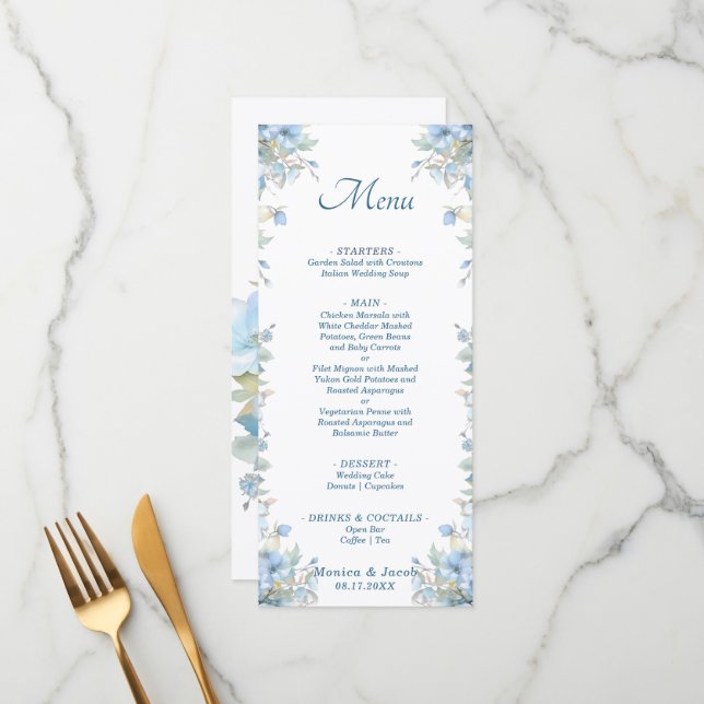 Menu Pastel Bleu clair Rose Floral Mariage (Devant/Arrière en situation)