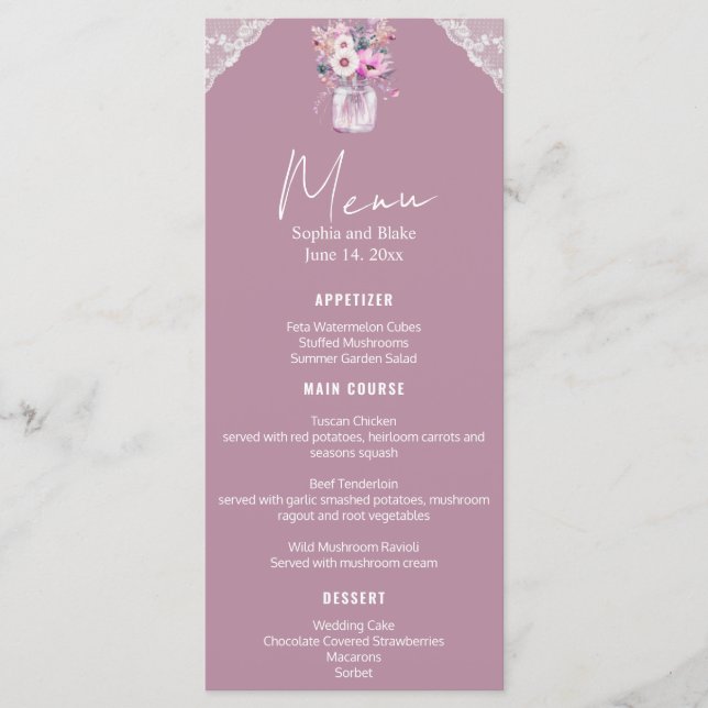 Menu Pays dentelle Mason Jar Mariage rose (Devant)