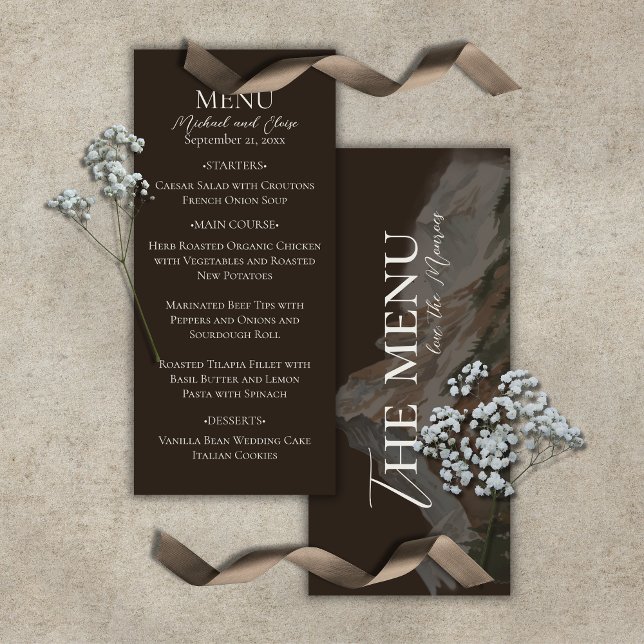 Menu Paysage de montagne aquarelle rustique pour mariag (Rustic Watercolor Mountain Landscape Wedding Menu)