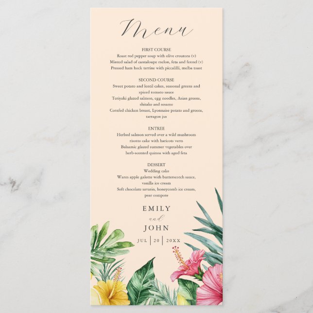 Menu Peach Elegant Aquarelle Fleurs tropicales Mariage (Devant)