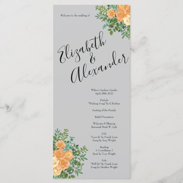 Menu Peach Grey Mariage Spring Floral (Devant)